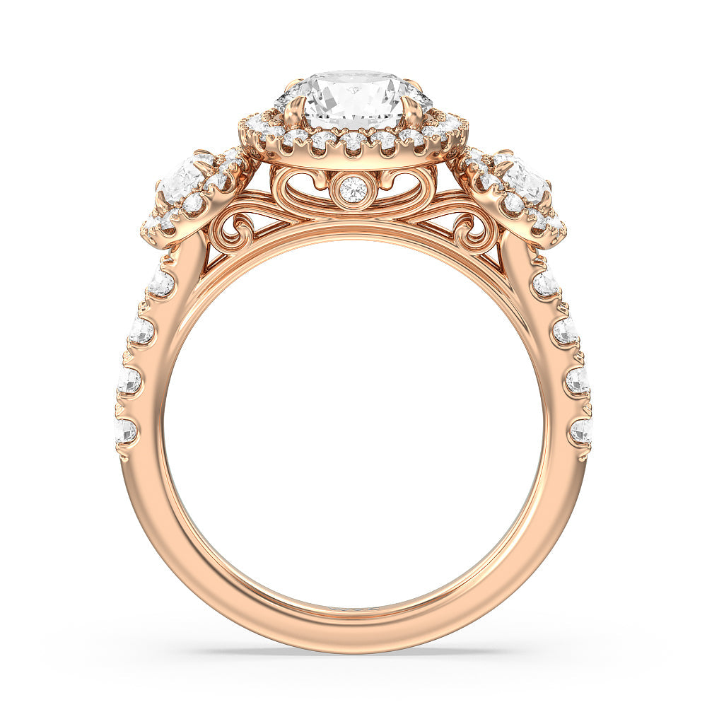 Halo Three Stone Lab Diamond Engagement Ring with Round Cut Diamond in 14KT Rose Gold view 2
