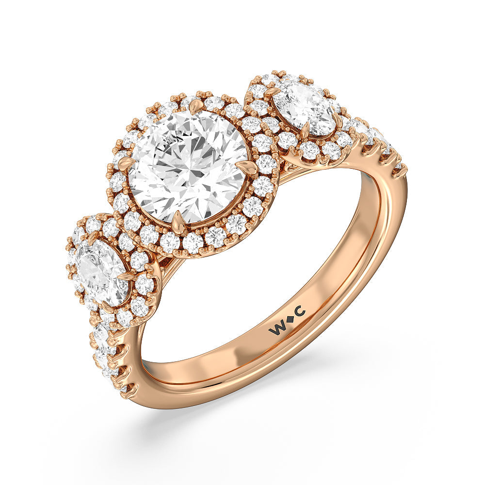 Halo Three Stone Lab Diamond Engagement Ring with Round Cut Diamond in 14KT Rose Gold view 3
