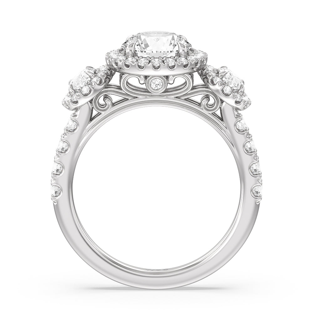 Halo Three Stone Lab Diamond Engagement Ring with Round Cut Diamond in 14KT Platinum view 2
