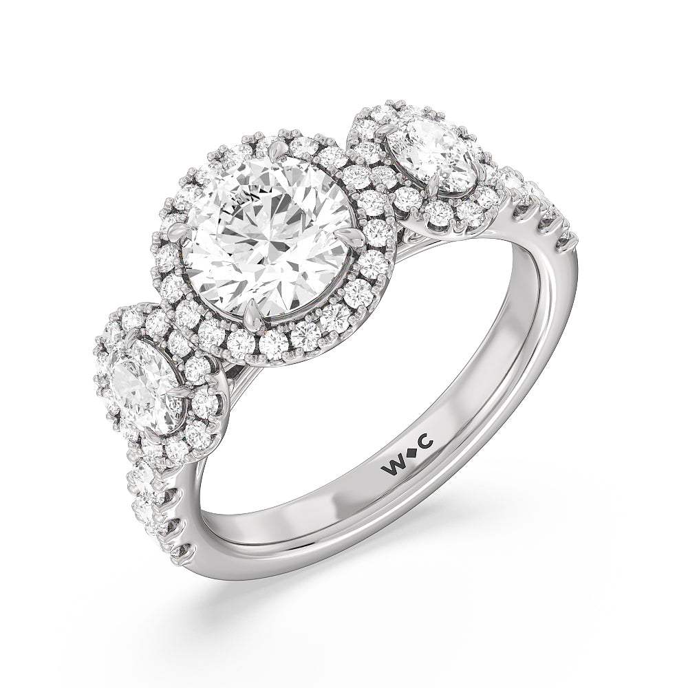 Halo Three Stone Lab Diamond Engagement Ring with Round Cut Diamond in 14KT Platinum view 3
