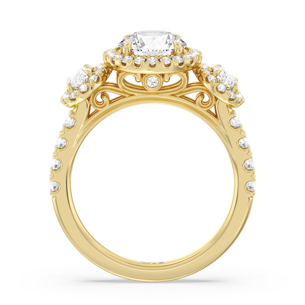 Halo Three Stone Lab Diamond Engagement Ring with Round Cut Diamond in 14KT Yellow Gold view 2
