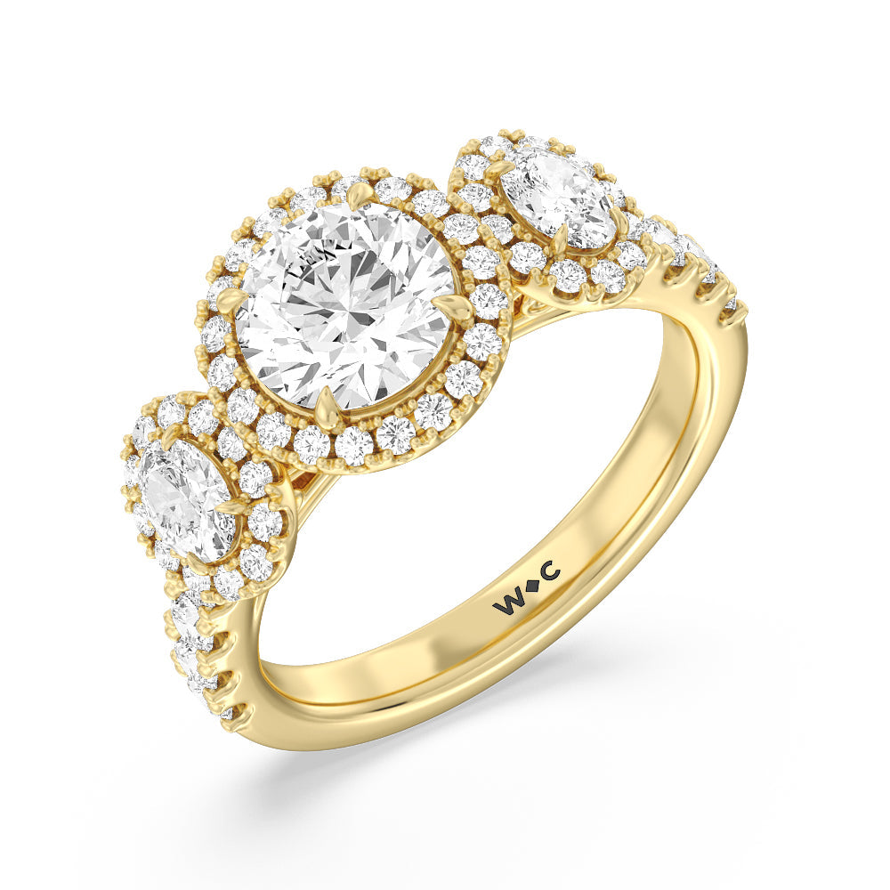 Halo Three Stone Lab Diamond Engagement Ring with Round Cut Diamond in 14KT Yellow Gold view 3
