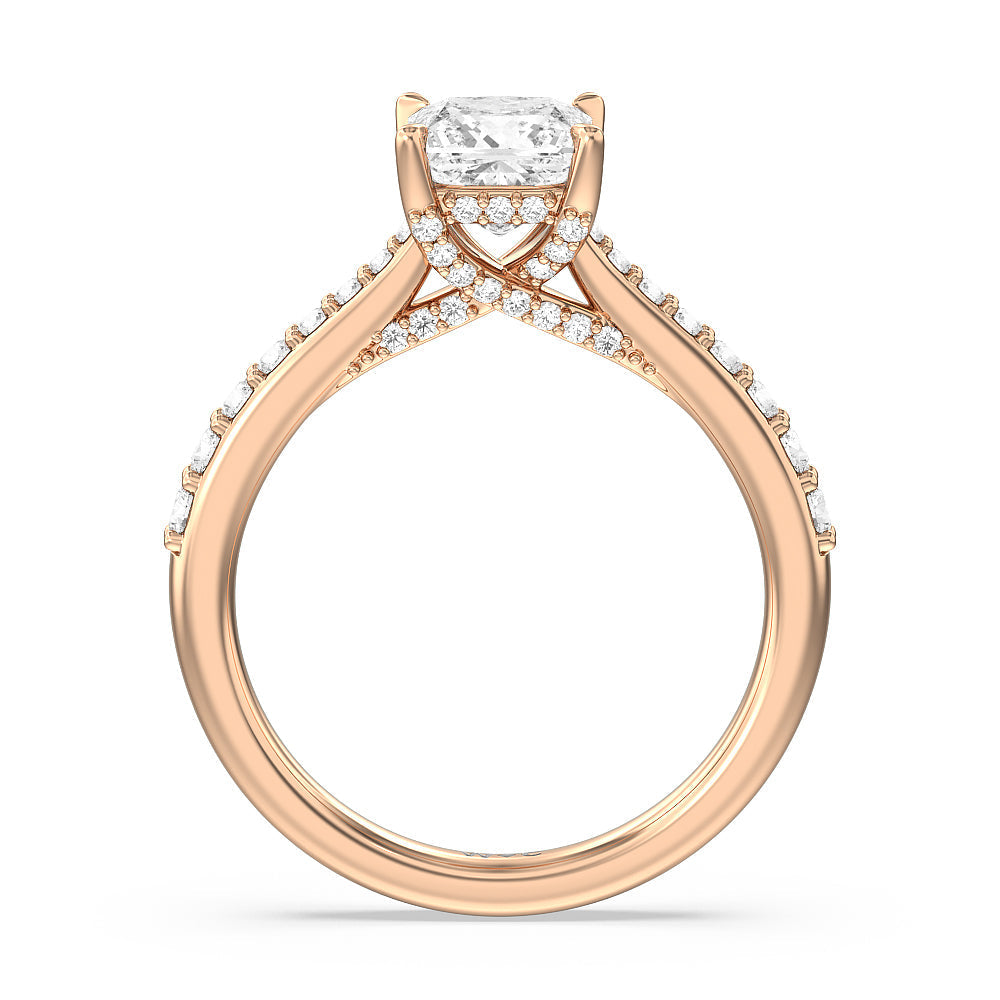Princess Cut Bridged Basket & Hidden Halo Accent Engagement Ring with Lab Grown Diamond in 14KT Rose Gold view 2
