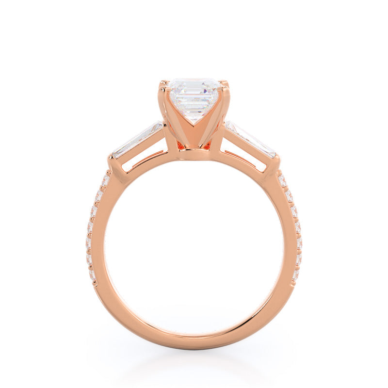 Three Stone Tapered Baguette Diamond Engagement Ring with Asscher Cut Diamond in 14KT Rose Gold view 2
