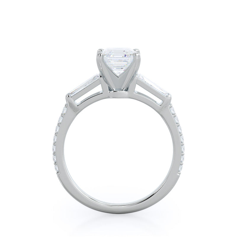 Three Stone Tapered Baguette Diamond Engagement Ring with Asscher Cut Diamond in 14KT Platinum view 2
