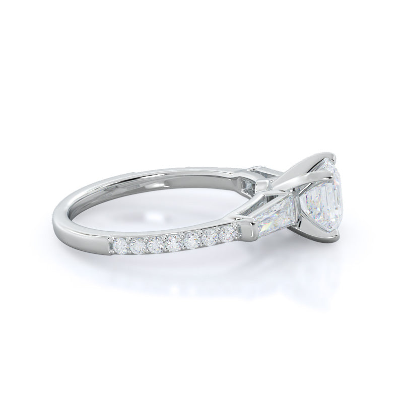Three Stone Tapered Baguette Diamond Engagement Ring with Asscher Cut Diamond in 14KT Platinum view 3
