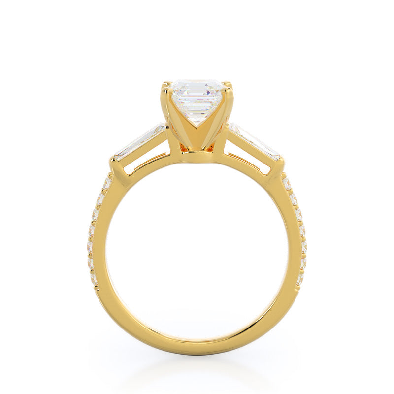 Three Stone Tapered Baguette Diamond Engagement Ring with Asscher Cut Diamond in 14KT Yellow Gold view 2
