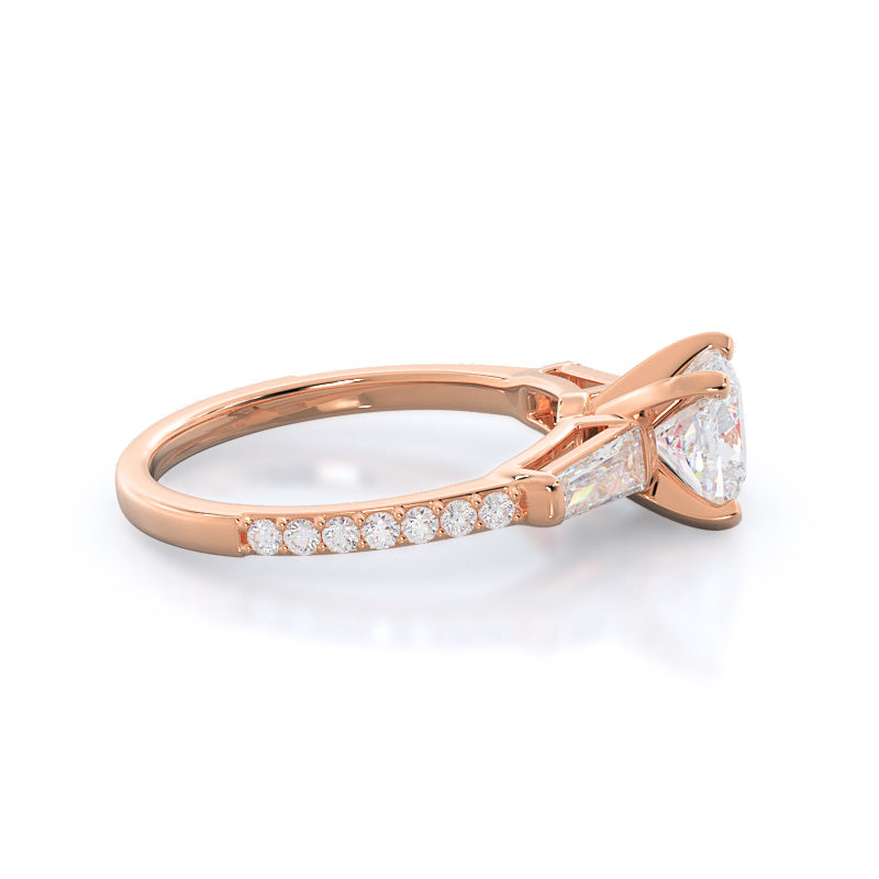 Three Stone Tapered Baguette Diamond Engagement Ring with Cushion Cut Diamond in 14KT Rose Gold view 3
