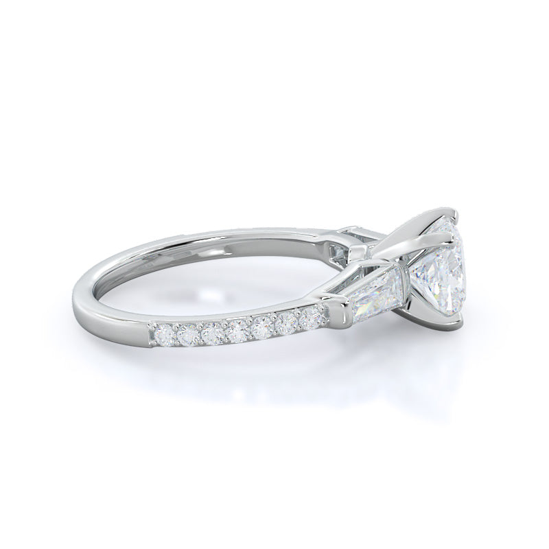 Three Stone Tapered Baguette Diamond Engagement Ring with Cushion Cut Diamond in 14KT Platinum view 3
