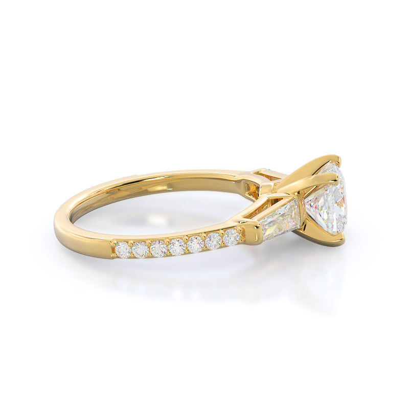 Three Stone Tapered Baguette Diamond Engagement Ring with Cushion Cut Diamond in 14KT Yellow Gold view 3
