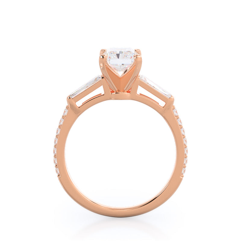 Three Stone Tapered Baguette Diamond Engagement Ring with Radiant Cut Diamond in 14KT Rose Gold view 2
