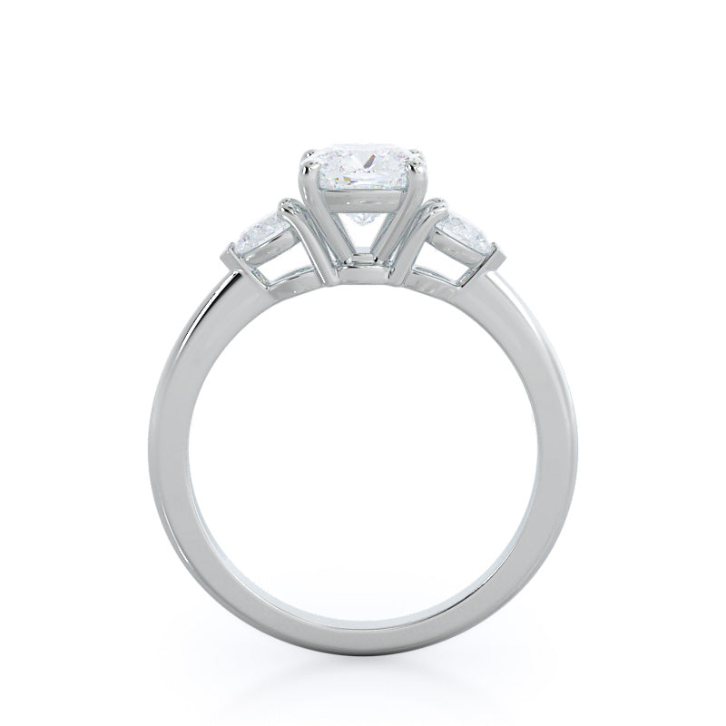 Three Stone Pear Engagement Ring with Cushion Cut Diamond in 14KT Platinum view 2
