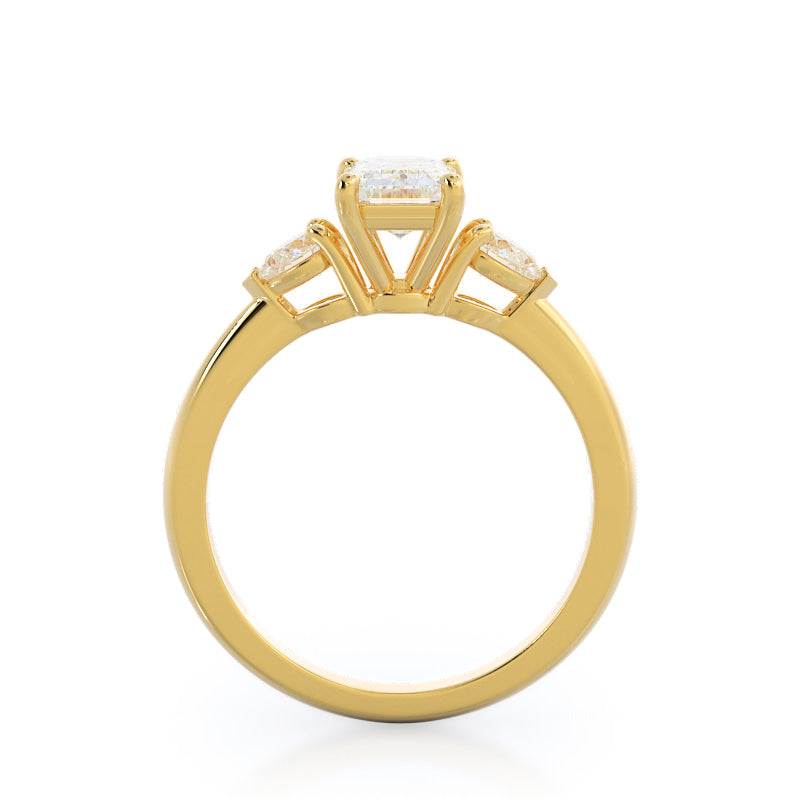 Three Stone Pear Engagement Ring with Emerald Cut Diamond in 14KT Yellow Gold view 2
