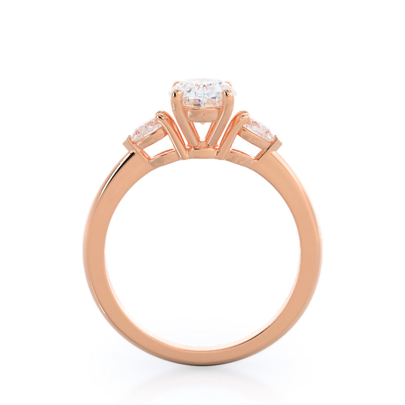 Three Stone Pear Engagement Ring with Oval Cut Diamond in 14KT Rose Gold view 2
