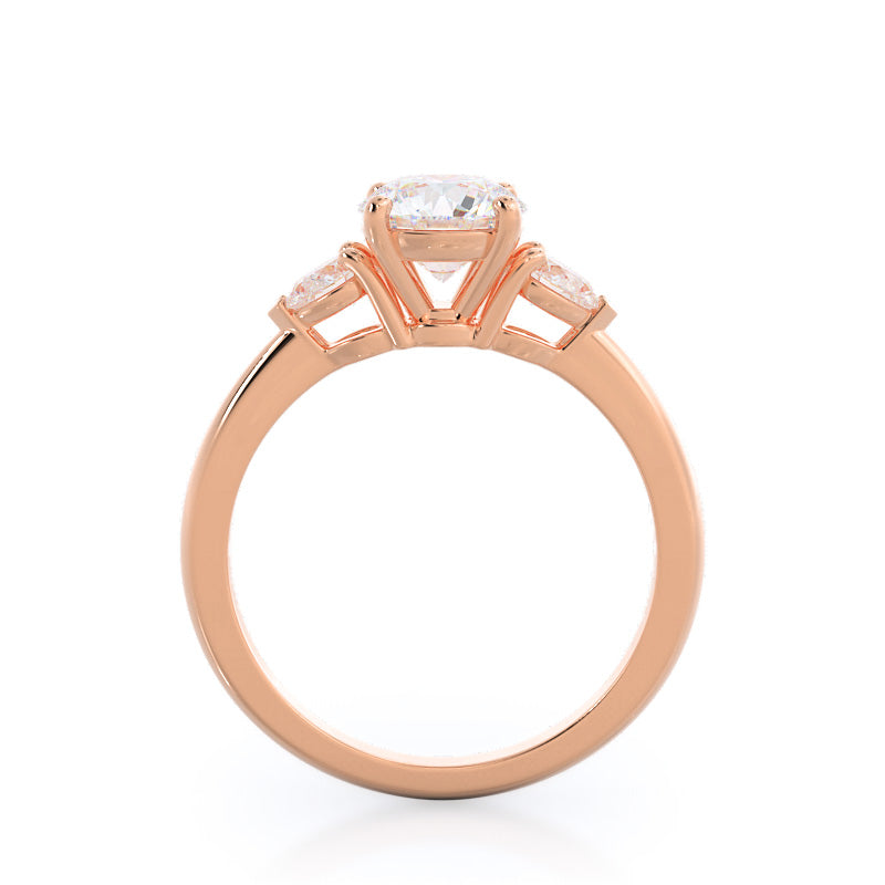 Three Stone Pear Engagement Ring with Round Cut Diamond in 14KT Rose Gold view 2

