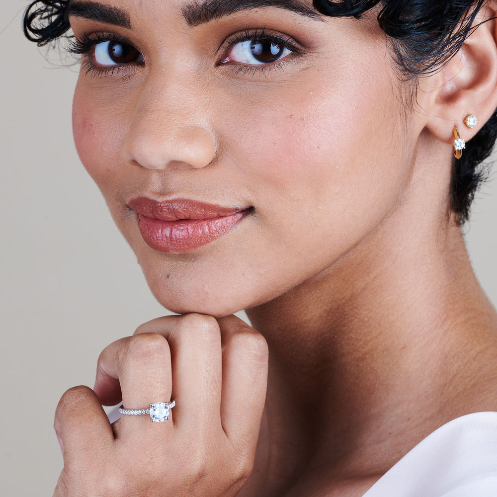 Model Wearing Micro pave Diamond Engagement Ring with Lab Grown Diamond view