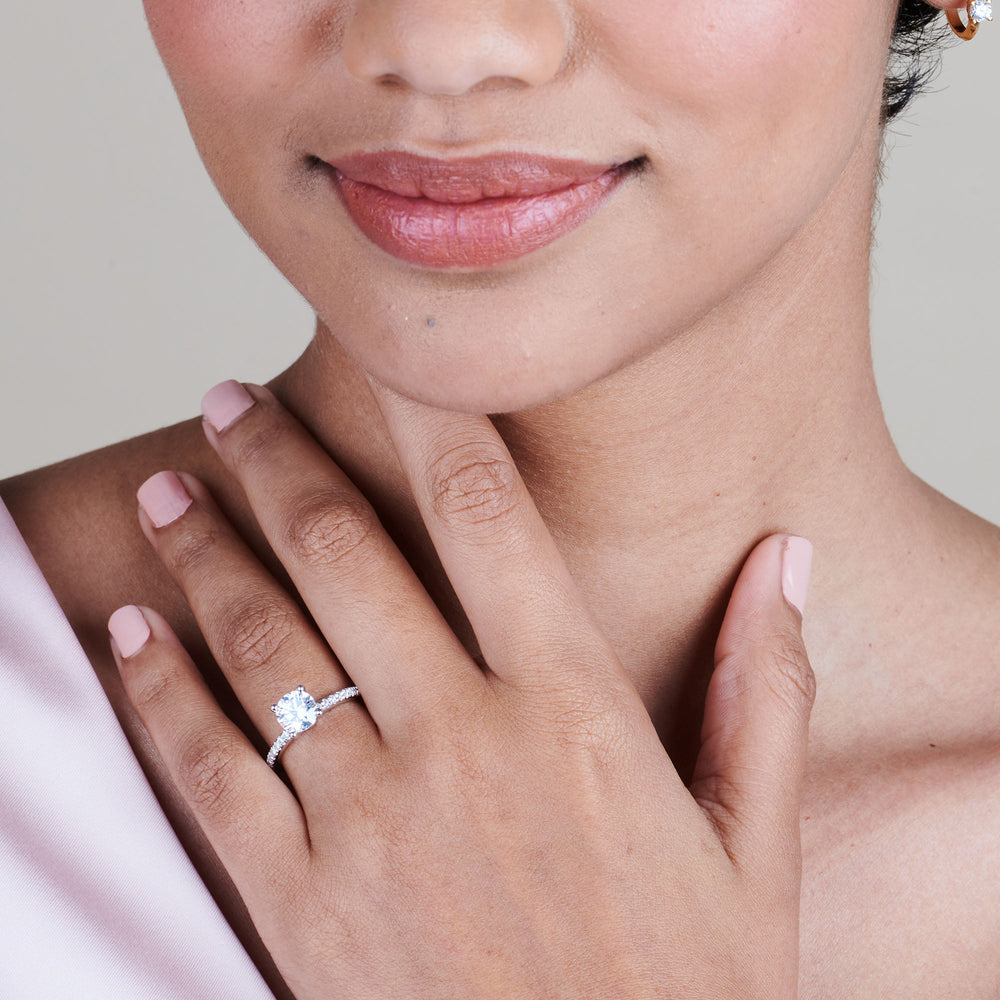 Model Wearing Micro pave Diamond Engagement Ring with Lab Grown Diamond view