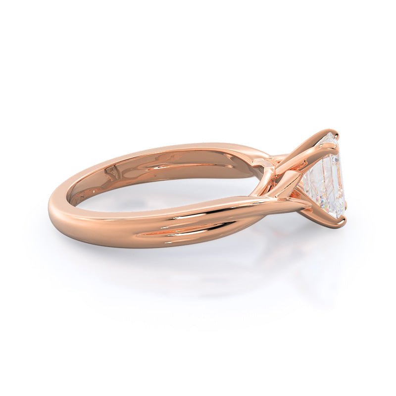 Fine Cathedral Twist Diamond Engagement Ring with Emerald Cut Diamond in 14KT Rose Gold view 3
