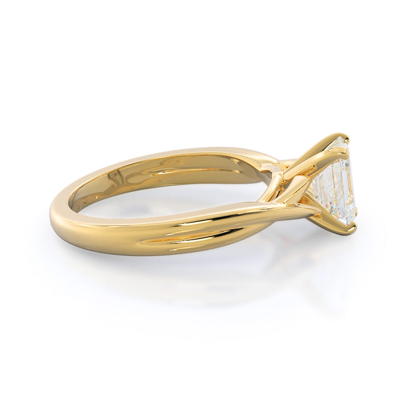 Fine Cathedral Twist Diamond Engagement Ring with Emerald Cut Diamond in 14KT Yellow Gold view 3
