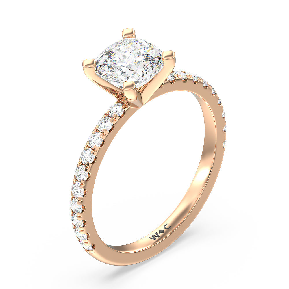 Open French Cut Pave Diamond Engagement Ring with Cushion Cut Diamond in 14KT Rose Gold view 3
