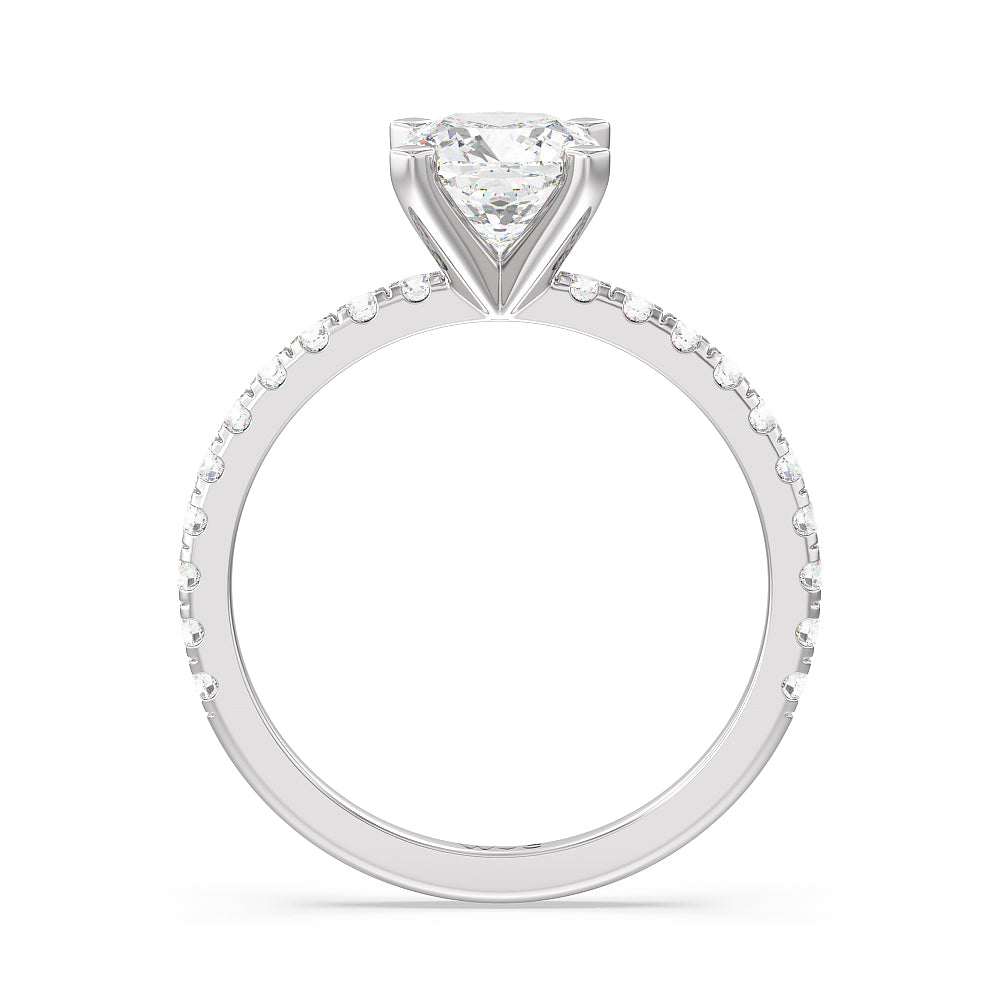 Open French Cut Pave Diamond Engagement Ring with Cushion Cut Diamond in 14KT Platinum view 2
