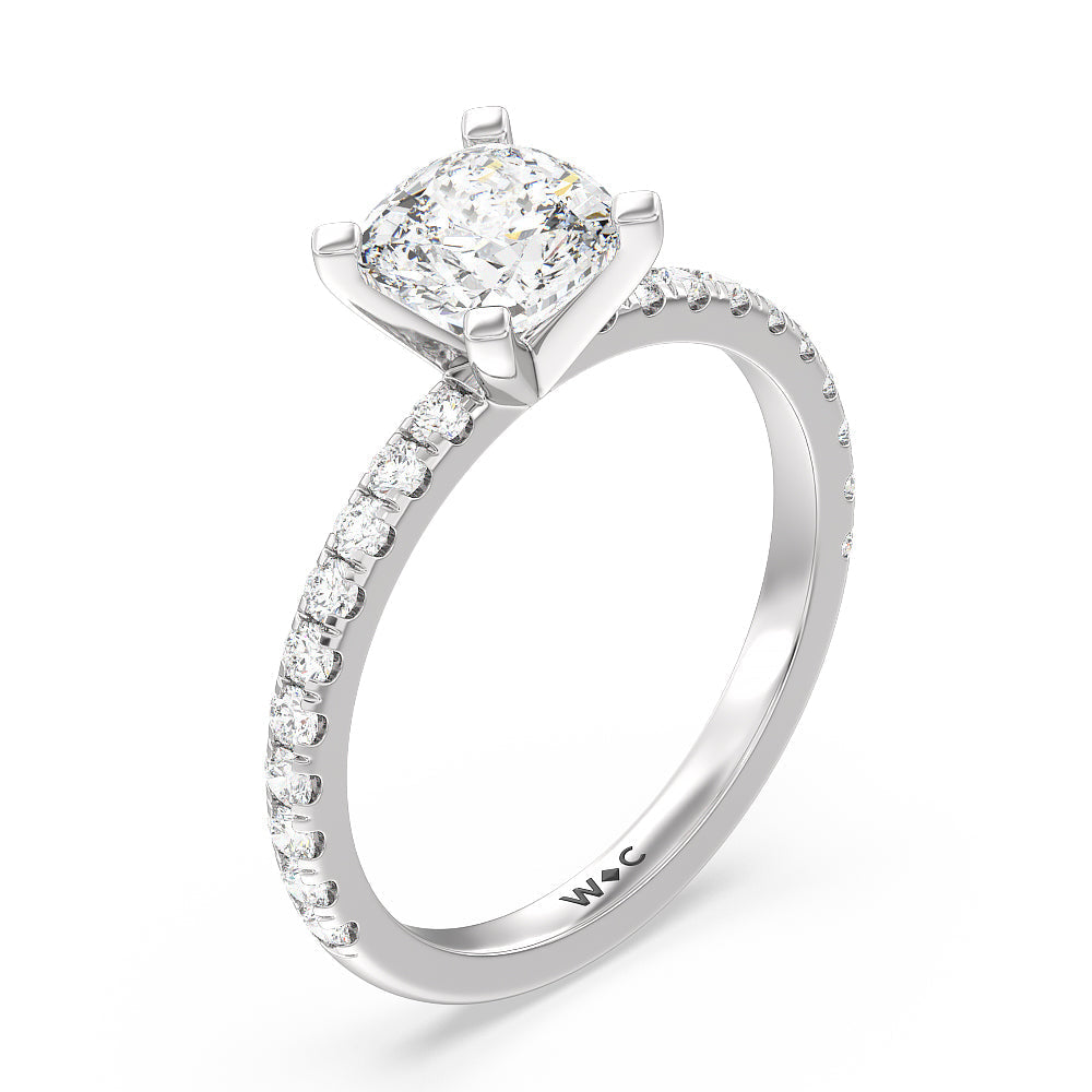 Open French Cut Pave Diamond Engagement Ring with Cushion Cut Diamond in 14KT Platinum view 3
