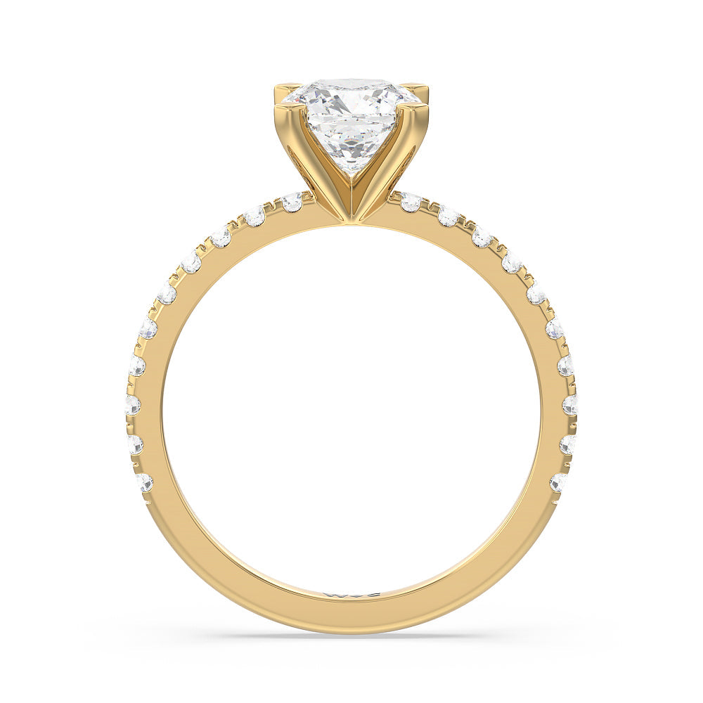 Open French Cut Pave Diamond Engagement Ring with Cushion Cut Diamond in 14KT Yellow Gold view 2

