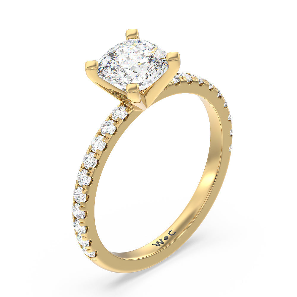 Open French Cut Pave Diamond Engagement Ring with Cushion Cut Diamond in 14KT Yellow Gold view 3
