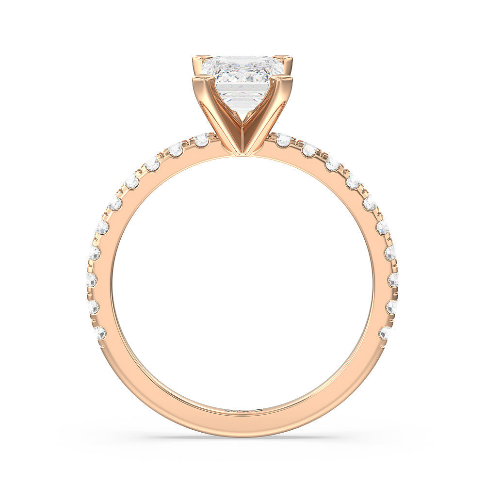 Open French Cut Pave Diamond Engagement Ring with Emerald Cut Diamond in 14KT Rose Gold view 2
