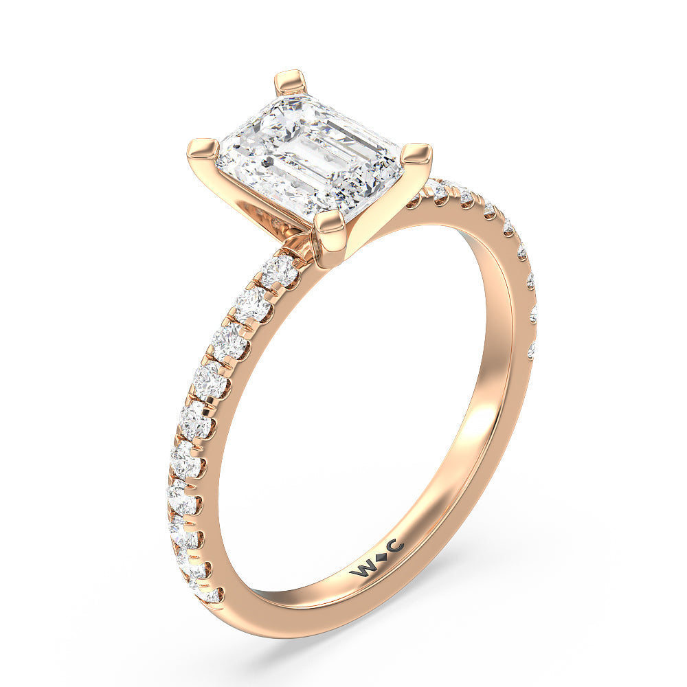 Open French Cut Pave Diamond Engagement Ring with Emerald Cut Diamond in 14KT Rose Gold view 3
