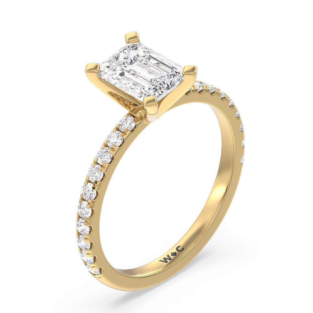 Open French Cut Pave Diamond Engagement Ring with Emerald Cut Diamond in 14KT Yellow Gold view 3
