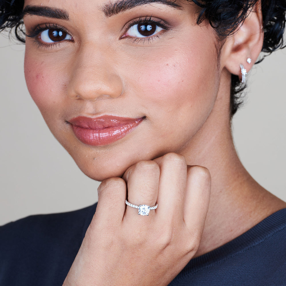 Model Wearing Open French Cut Pave Diamond Engagement Ring view