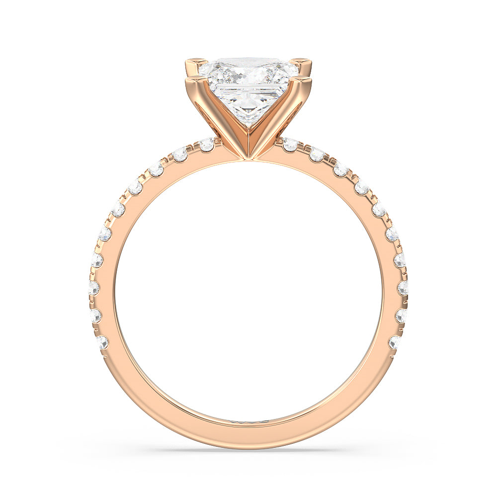 Open French Cut Pave Diamond Engagement Ring with Princess Cut Diamond in 14KT Rose Gold view 2

