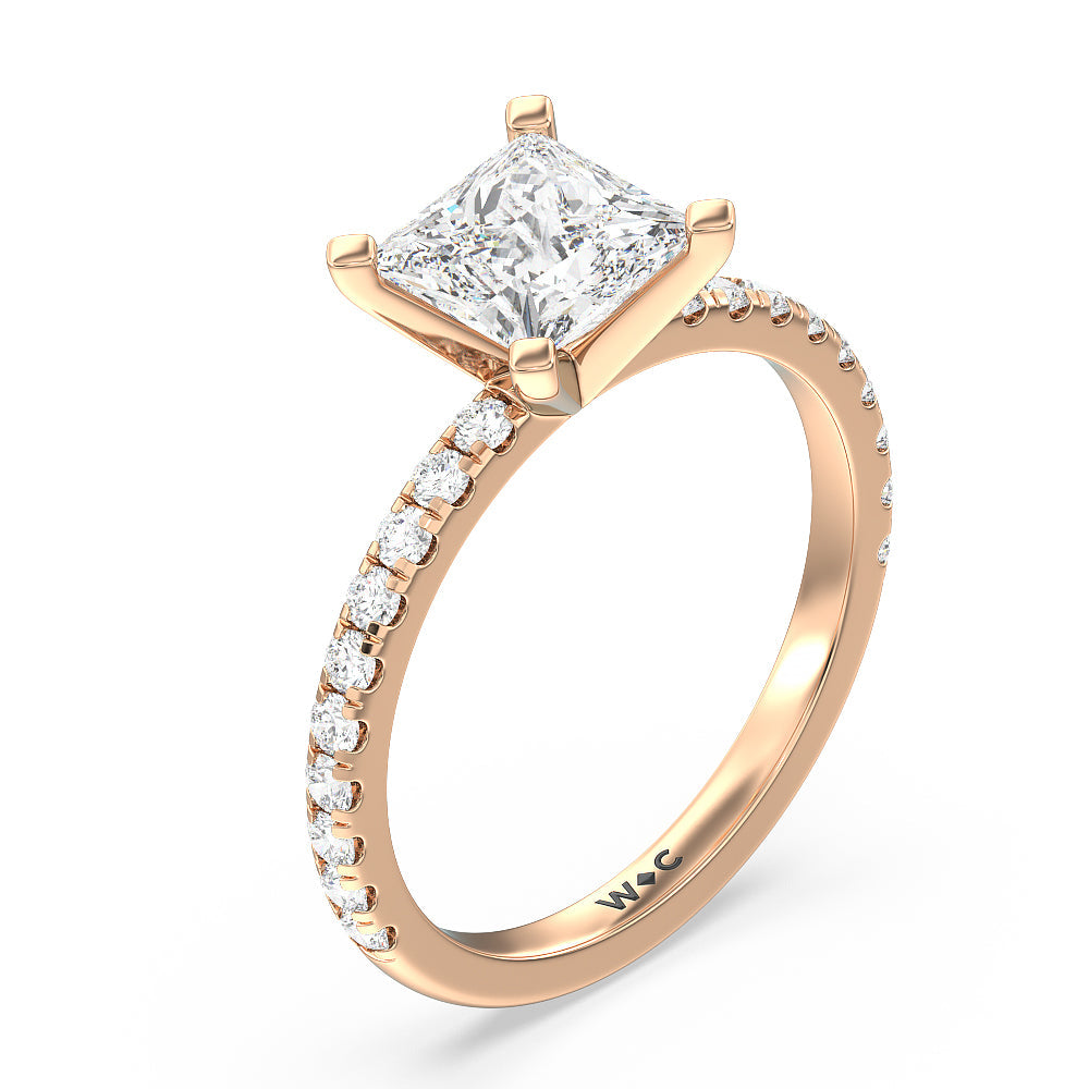 Open French Cut Pave Diamond Engagement Ring with Princess Cut Diamond in 14KT Rose Gold view 3
