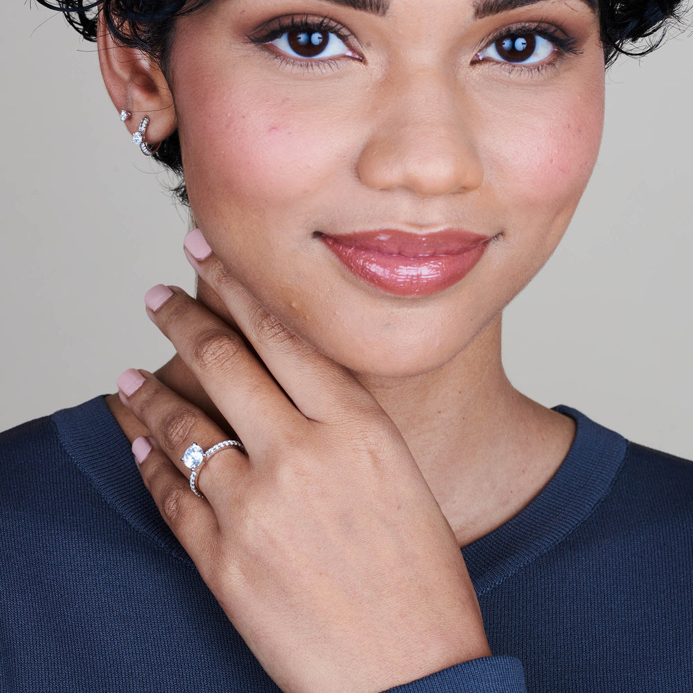 Model Wearing Open French Cut Pave Diamond Engagement Ring view