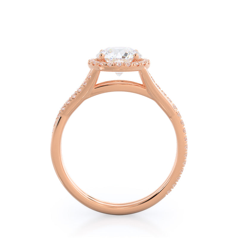 Twisting Diamond Halo Engagement Ring with Round Cut Diamond in 14KT Rose Gold view 2
