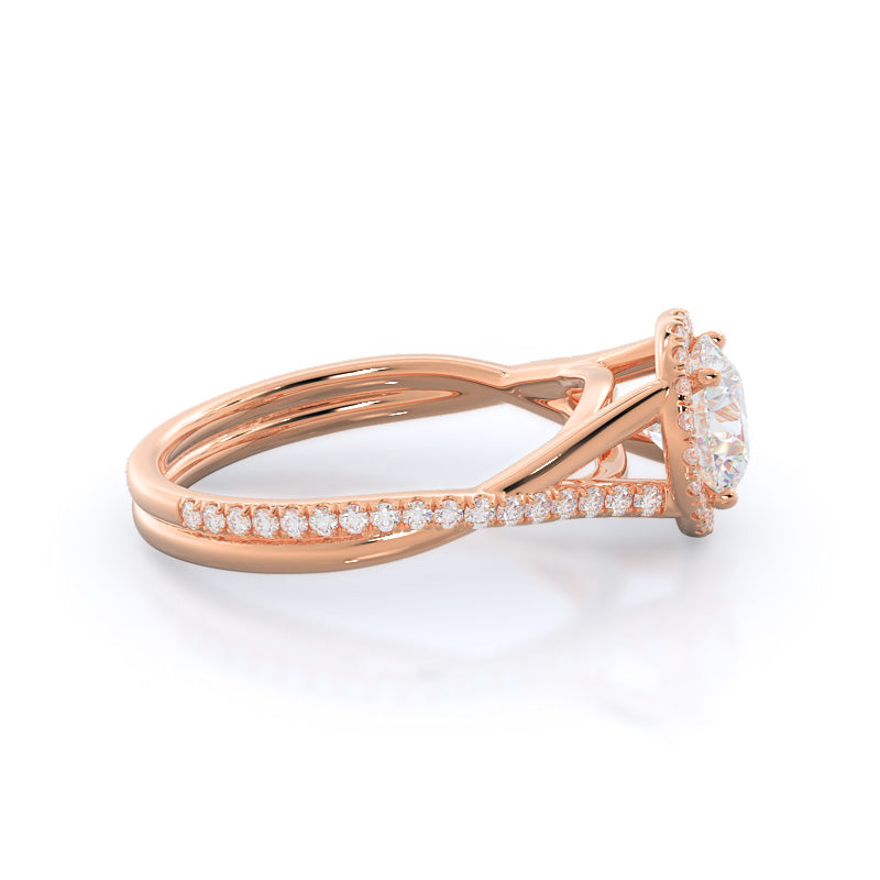 Twisting Diamond Halo Engagement Ring with Round Cut Diamond in 14KT Rose Gold view 3
