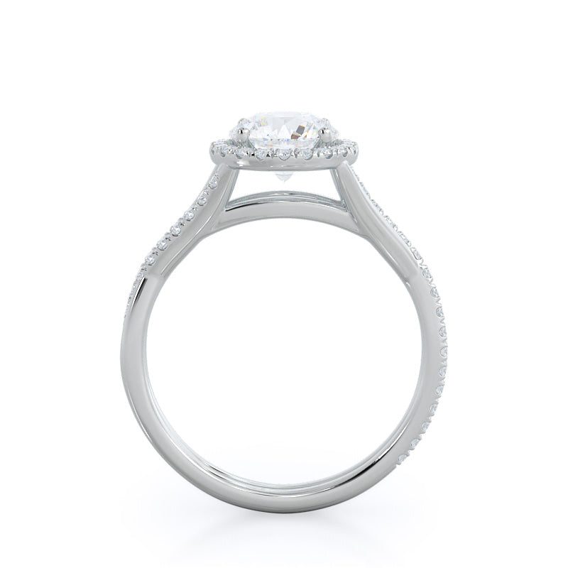 Twisting Diamond Halo Engagement Ring with Round Cut Diamond in 14KT Platinum view 2
