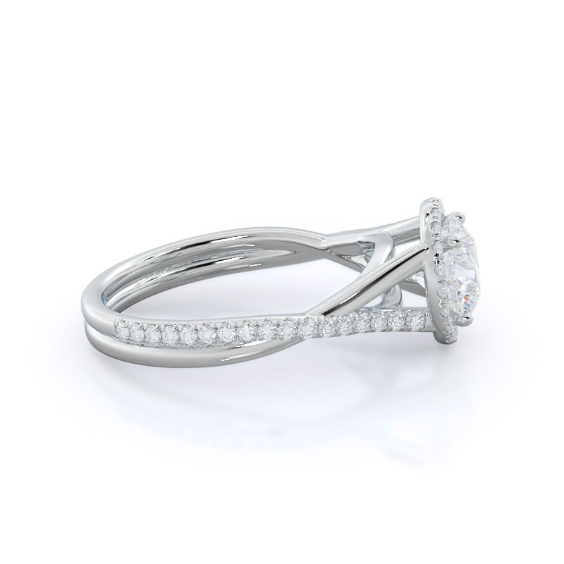 Twisting Diamond Halo Engagement Ring with Round Cut Diamond in 14KT Platinum view 3
