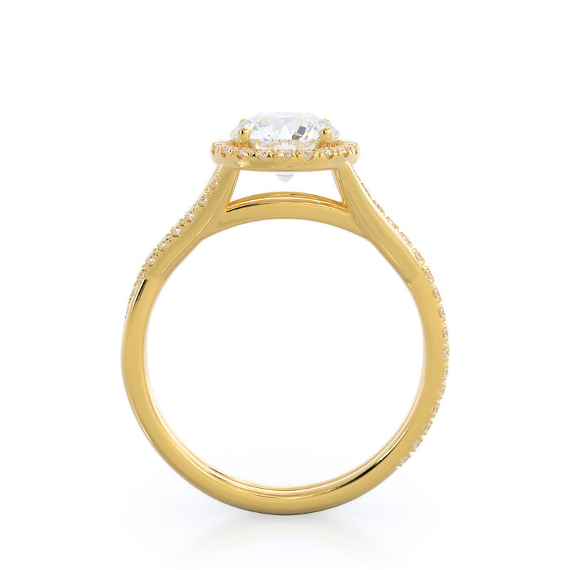 Twisting Diamond Halo Engagement Ring with Round Cut Diamond in 14KT Yellow Gold view 2
