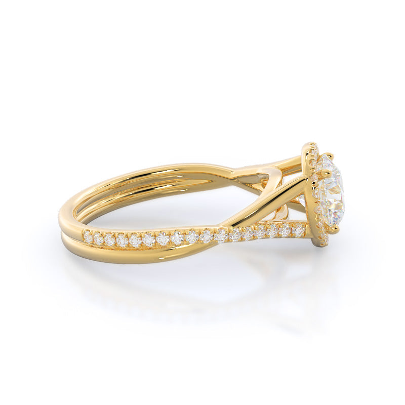 Twisting Diamond Halo Engagement Ring with Round Cut Diamond in 14KT Yellow Gold view 3
