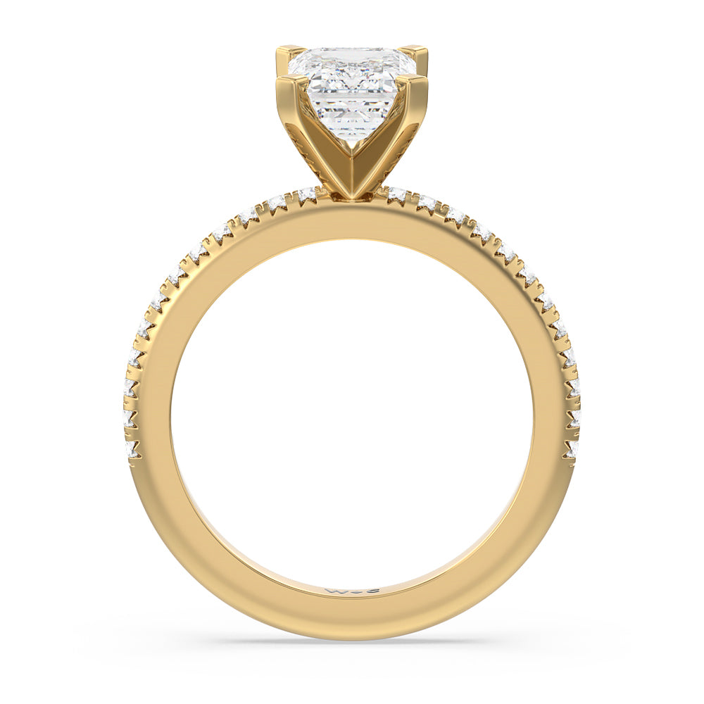 French Cut Pave Diamond Engagement Ring with Emerald Cut Diamond in 14KT Yellow Gold view 2
