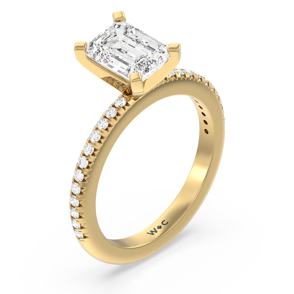 French Cut Pave Diamond Engagement Ring with Emerald Cut Diamond in 14KT Yellow Gold view 3

