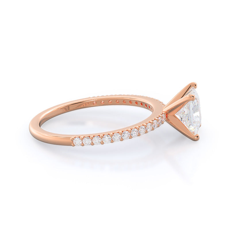 French Cut Pave Diamond Engagement Ring with Princess Cut Diamond in 14KT Rose Gold view 3
