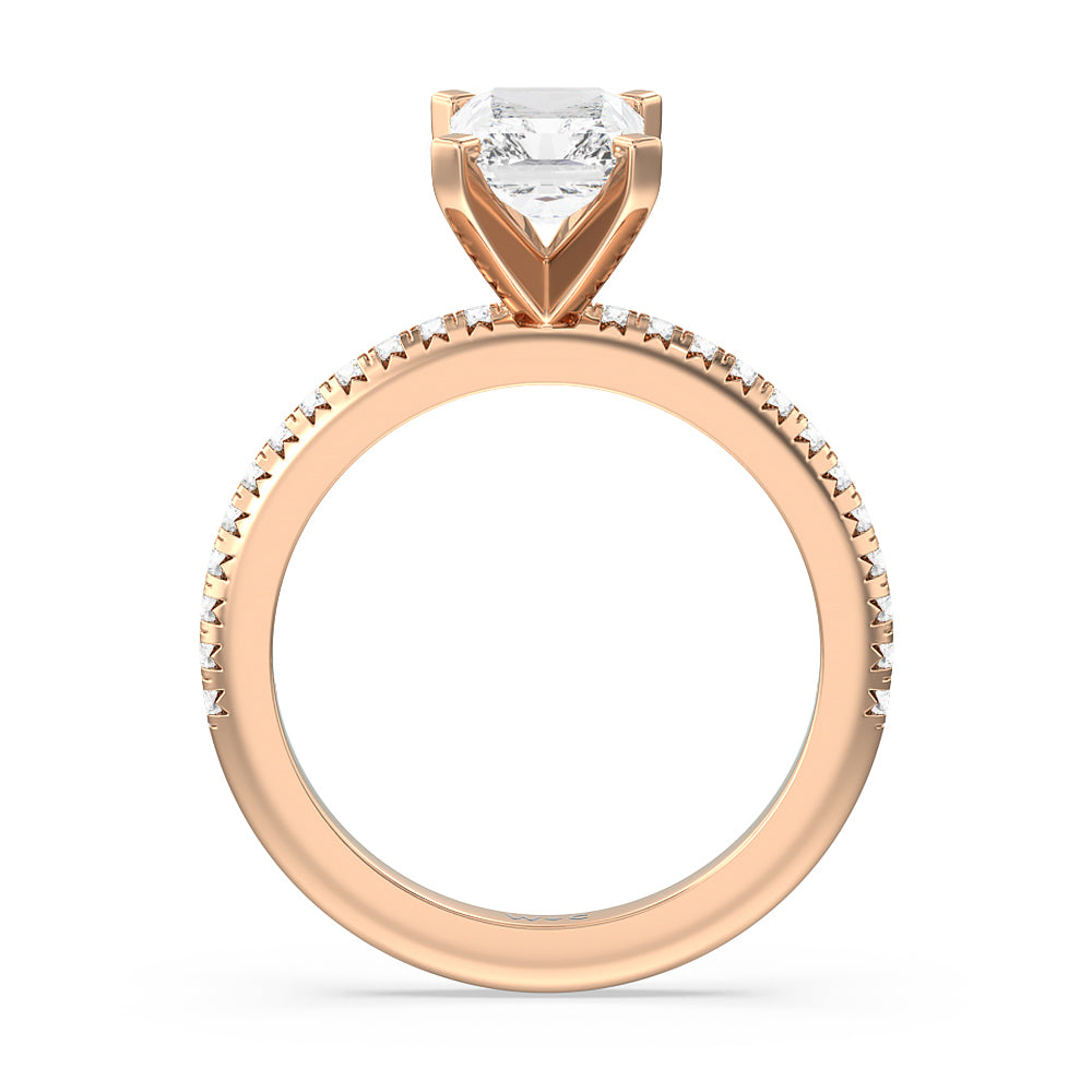 French Cut Pave Diamond Engagement Ring with Radiant Cut Diamond in 14KT Rose Gold view 2
