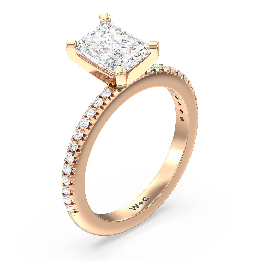 French Cut Pave Diamond Engagement Ring with Radiant Cut Diamond in 14KT Rose Gold view 3
