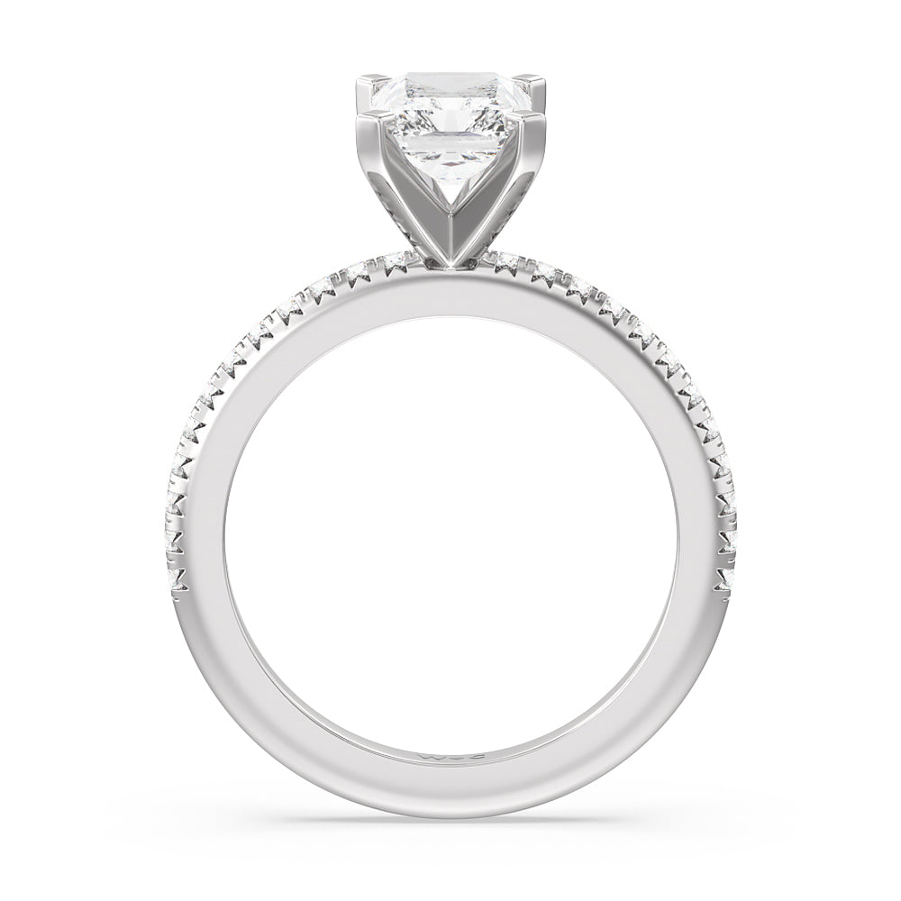 French Cut Pave Diamond Engagement Ring with Radiant Cut Diamond in 14KT Platinum view 2
