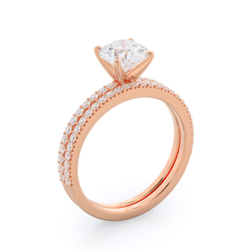 French Cut Pave Diamond Engagement Ring with Round Cut Diamond in 14KT Rose Gold view 4
