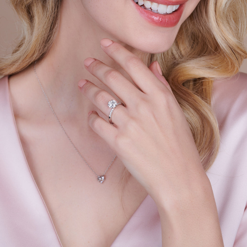 Model Wearing Traditional Pave Diamond Engagement Ring view