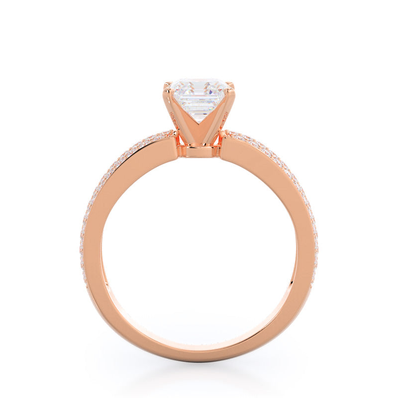 Three Row Micro Pave Diamond Engagement Ring with Asscher Cut Diamond in 14KT Rose Gold view 2
